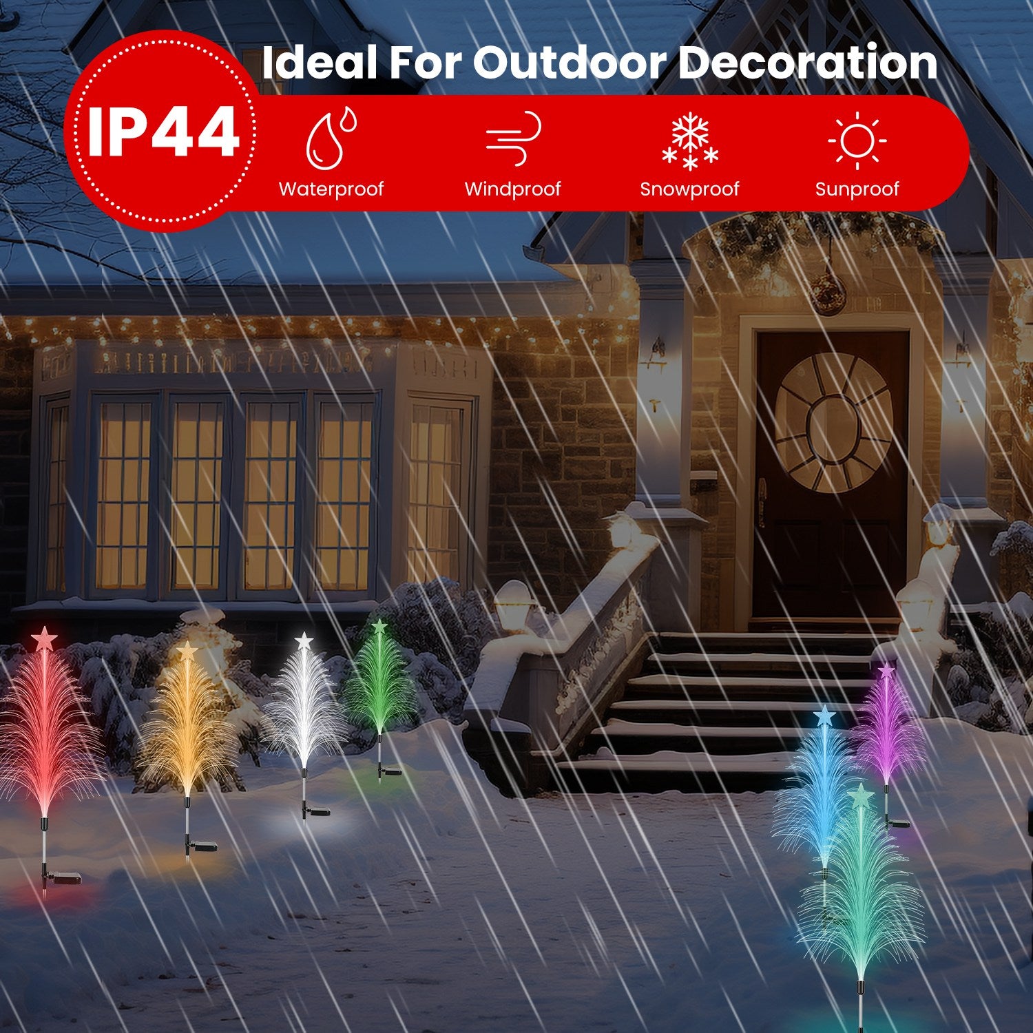 4Pack 7 Color Changing Solar Christmas Tree Lights Outdoor Optical Fiber Stake Lights Cedar Tree Lights With Topper Star IP44 Waterproof For Garden Yard Pathway Lawn