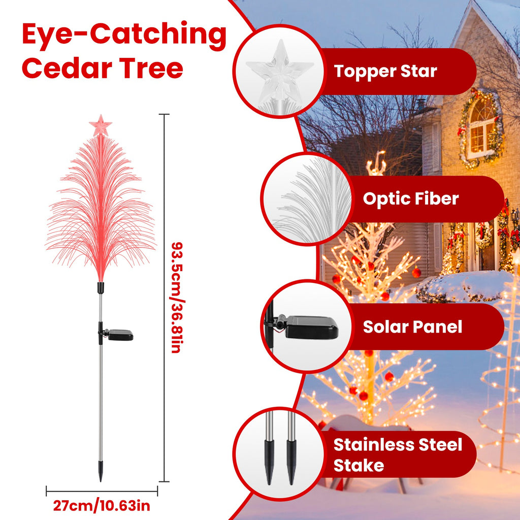 4Pack 7 Color Changing Solar Christmas Tree Lights Outdoor Optical Fiber Stake Lights Cedar Tree Lights With Topper Star IP44 Waterproof For Garden Yard Pathway Lawn